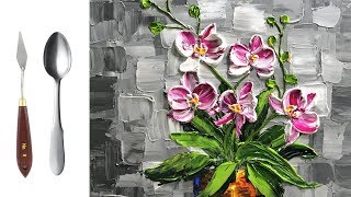 Challenge 14  Paint modern Orchid Flowers with a Palette Knife and a Spoon  Acrylic Painting [upl. by Sass]