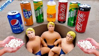 Coca Cola Different Fanta Mtn Dew PepsiSprite and Stretch Armstrong vs Mentos in Big Underground [upl. by Anasiul]