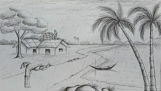 How to draw scenery of rainy season by pencil sketch step by step [upl. by Macmahon]