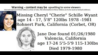 Missing Cheryl Schille Wyant 1978 1981 Rohnert Park California OR Jane Doe Valencia CA 1980 [upl. by Lyndes791]