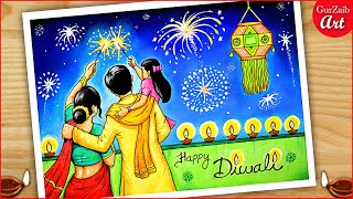 How to Draw happy Diwali Drawing  Indian festival Deepawali poster making  Diwali painting [upl. by Razatlab]