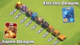 Super Dragon vs Electro Dragon vs Every Town Hall  Clash of Clans [upl. by Vena]