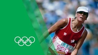 An Unforgettable Marathon Finish  Gabriela AndersenSchiess  Olympic Rewind [upl. by Lleuqram]