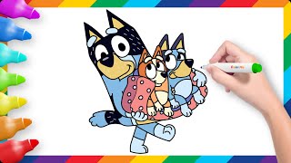 How to draw Bluey Bingo and Bandit  Drawing amp Coloring Bluey and his Family [upl. by Hultgren]