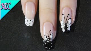 DISEÑO DE UÑAS MARIPOSA NEGRO Y BLANCO ¡Muy Fácil  BUTTERFLY NAIL ART  FRENCH NAIL ART  NLC [upl. by Peppy]