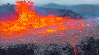 ICELAND VOLCANO REAL SOUND CLOSE APROACH NEAR THE CRATER EDGE IN FULL ERUPTION MODE Aug 18 2021 [upl. by Eylloh]