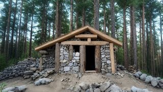 I built a stone and wood survival bushcraft shelter in the forest [upl. by Clarice]