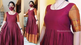 శారీతో ఫ్రిల్ మోడల్ లాంగ్ ఫ్రాక్  Frill model long frock cutting amp stitching  Long frock cutting [upl. by Reklaw244]