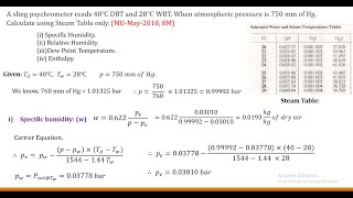 NUMERICALS ON PSYCHROMETRY CALCULATION OF Specific Humidity Relative Humidity DPT Enthalpy [upl. by Liborio]