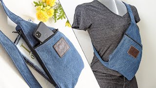 DIY Casual Denim Sling Chest Crossbody Bag Out of Old Jeans  Bag Tutorial  Upcycle Craft [upl. by Nessa]