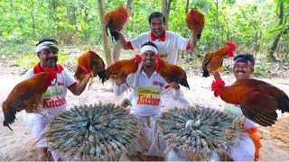 Golda Chingri amp Red Patnai Chicken curry with Fried rice cooking for village people [upl. by Hgielyak53]