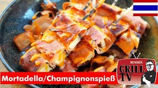 Mortadella grillen ChampignonMortadella Spieße Thaifood  rummelgrilltv UT Deu Eng [upl. by Eked]