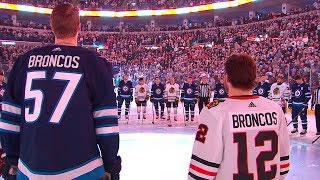 Jets Blackhawks don quotBroncosquot on jerseys in tribute to Humboldt [upl. by Aivatnuahs]