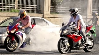 BMW S1000RR Fireblade amp SRAD Burnout Wheelie and RL 600RR Daytona R1 R6 ZX6R Hornet  Bikers 62 [upl. by Willet229]