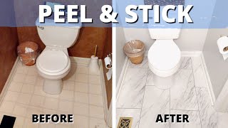 Watch Us PEEL amp STICK a SMALL BATHROOM FLOOR with Luxury Vinyl Tile [upl. by Allemat]