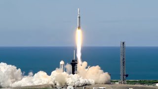 Blastoff SpaceX Falcon Heavy launches GOESU weather satellite nails landings [upl. by Acihsay]