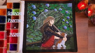 🌱Anime Girl and Dog in Rain 🌸Jelly Gouache Painting  ASMR cozy Painting [upl. by Amaral]