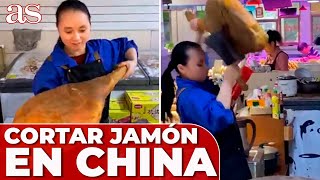 La CURIOSA forma de CORTAR JAMÓN en CHINA [upl. by Piks]