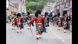 Massed Pipes amp Drums parade through Deeside town to start the Ballater Highland Games 2018 [upl. by Aliuqaj466]