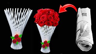 Beautiful paper flower vase making idea at home  Paper Rose Bouquet  Handmade Flower bouquet [upl. by Nahtanha947]