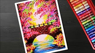 How to draw spring season landscape scenery drawing step by step with oil pastel [upl. by Tiebout]