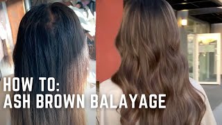 Ash Brown Balayage Tutorial  cool brunette highlights  brunette balayage on black hair [upl. by Asen]