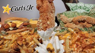 MUKBANG EATING WINGSTOP SAUCY VOODOO FRIES GARLIC PARMESAN CHICKEN CARLS JR EL DIABLO BURGER ASMR [upl. by Cirted]