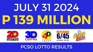 Lotto Result Today 9pm July 31 2024  PCSO Complete [upl. by Conard]