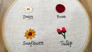 4 type of flowers embroidery  Basic embroidery stitches for beginners  Embroidery for beginners [upl. by Zumstein676]