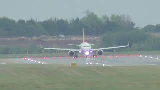 Spray action from Pegasus Airbus A320 Neo TCNCI departing Birmingham Airport for SAW [upl. by Oirelav951]