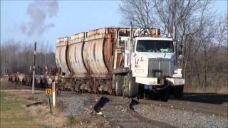 CN HiRail Boom Truck Pulling Wisconsin Central Rail Flats and Gondolas [upl. by Mittel]