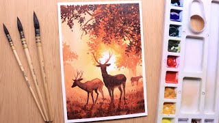 Watercolor painting for beginners of beautiful Forest landscape easy [upl. by Yesrod]